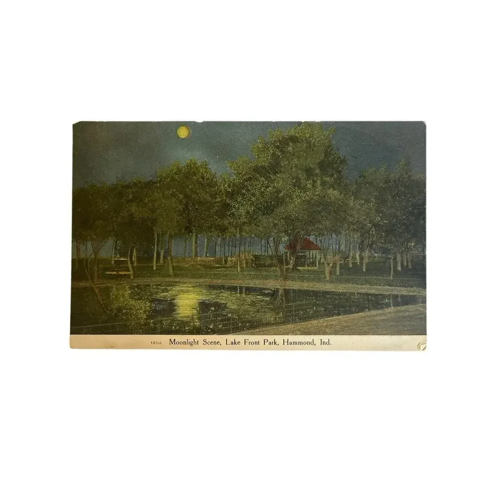 Antique Early 1900s Litho Ephemera Postcard Moonlight Lake Front Hammond IN CT
